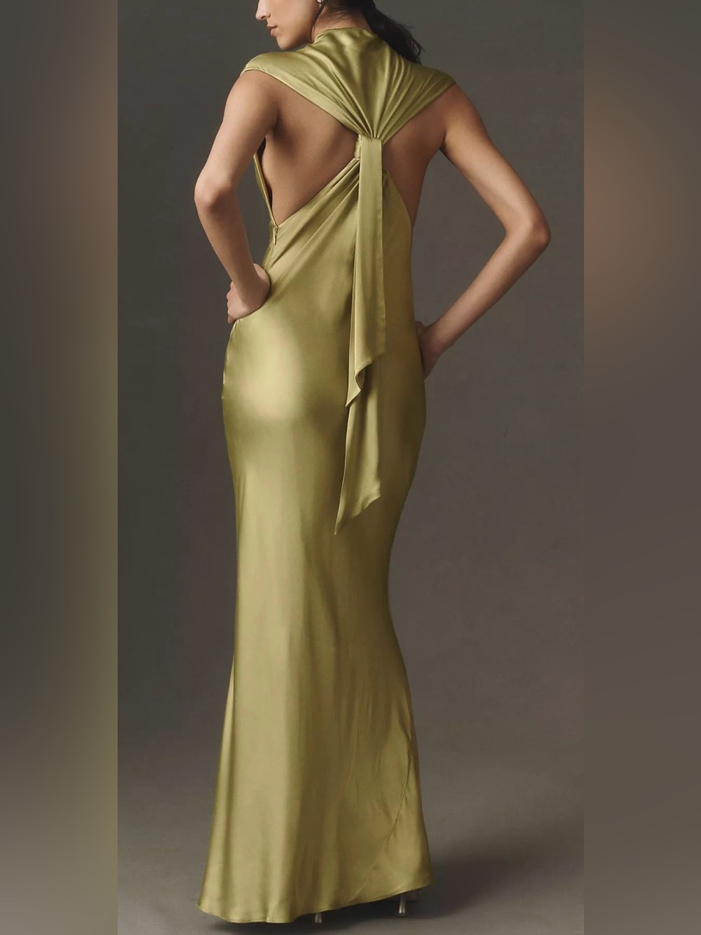 Anthropologie Olive Satin Back-Drape Backless Gown